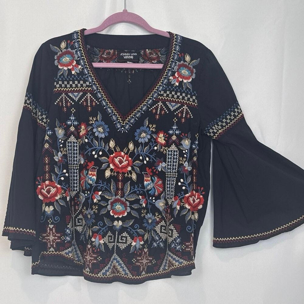Johnny Was Workshop Womens Embroidered Bell Sleeve Top Size Small Black Boho